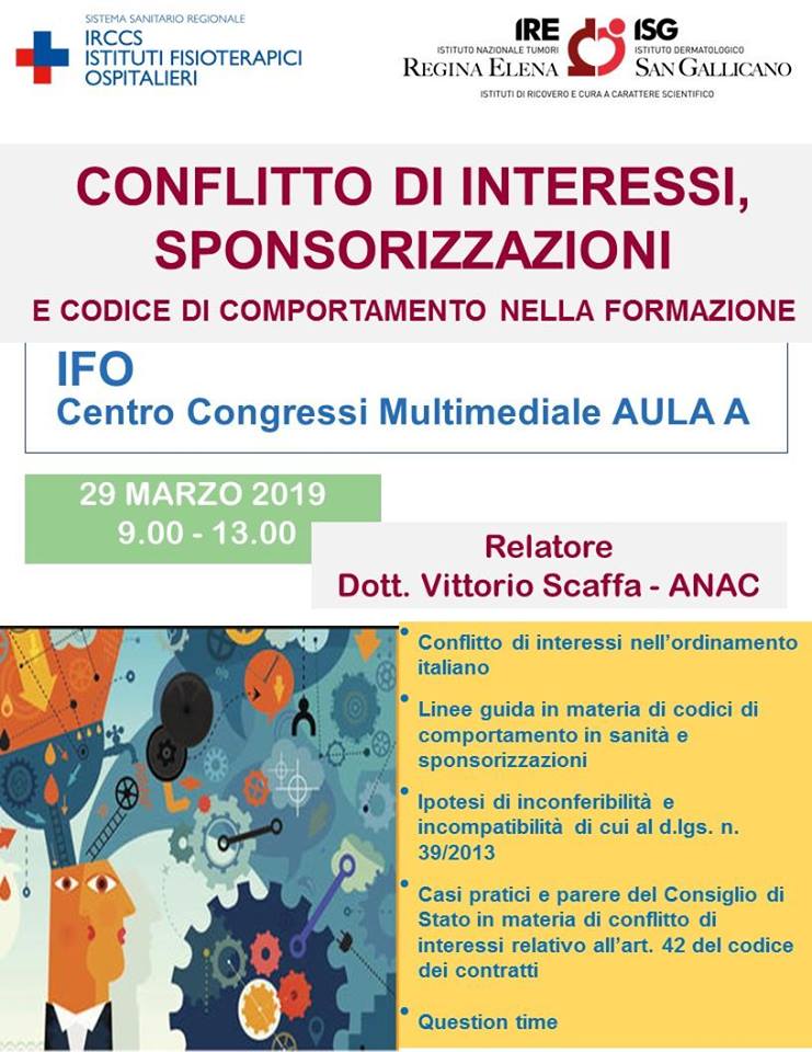 Locandina del corso su conflitto di interessi e sponsorizzazioni